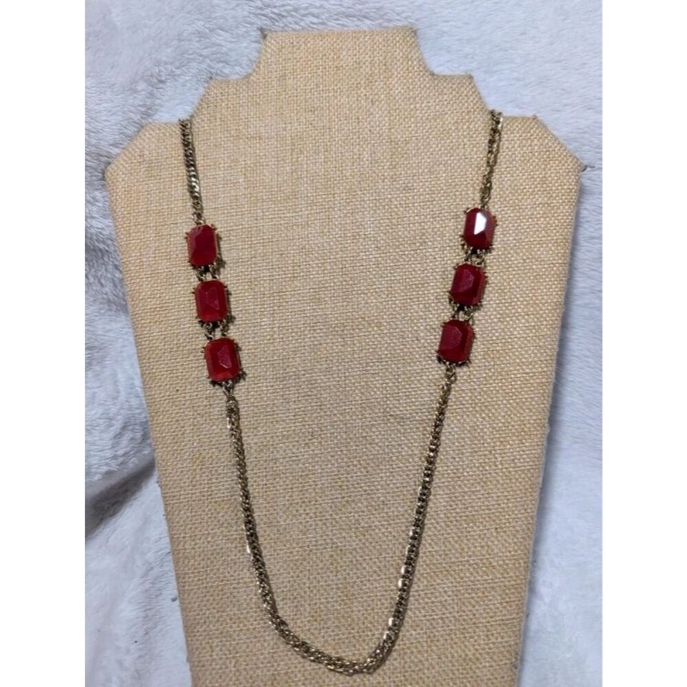 Long Gold Tone Red Stone Station Necklace Y2K Layering Officecore
